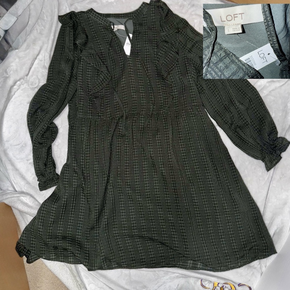 LOFT Olive Green Long Sleeve V-Neck Dress